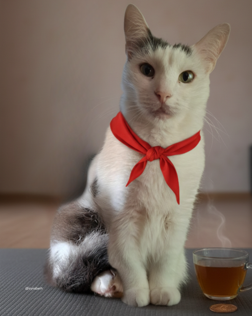 Белый кот с серыми пятнами сидит прямо, в красном галстуке, рядом чашка чая; внимательный взгляд, ощущение собранности и внутренней готовности.