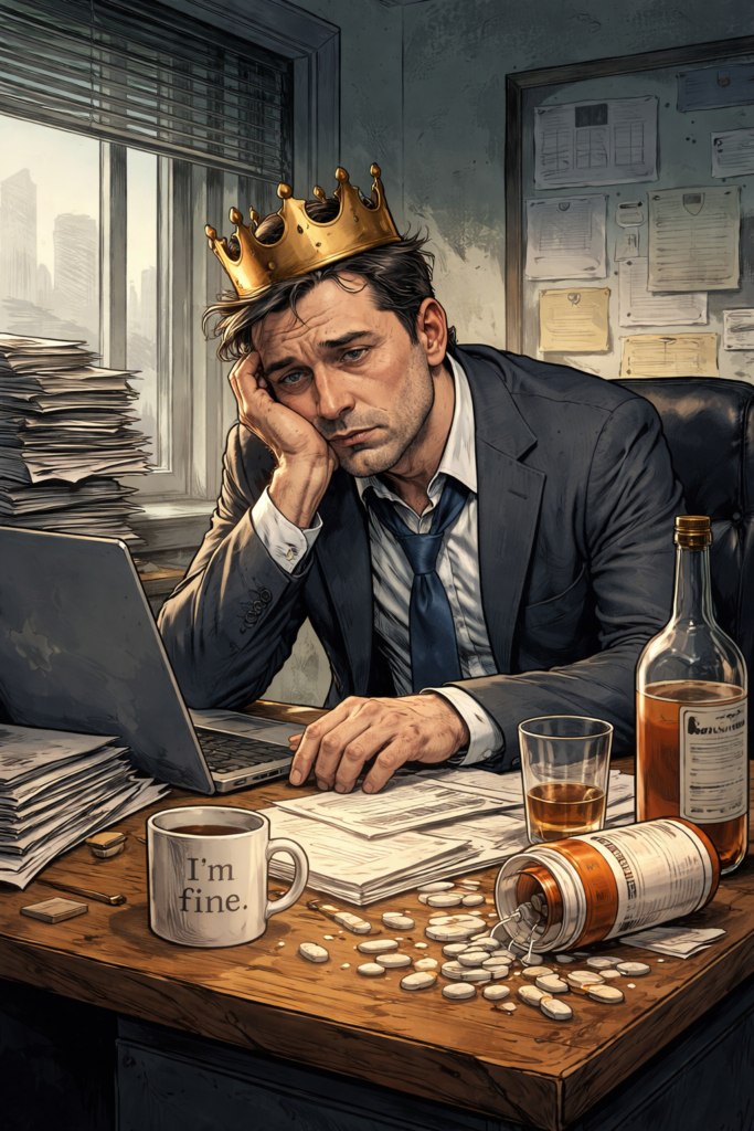 Мужчина в деловом костюме с золотой короной сидит за столом среди бумаг, алкоголя и рассыпанных таблеток, выглядит усталым и опустошённым — метафора высокофункциональной депрессии.